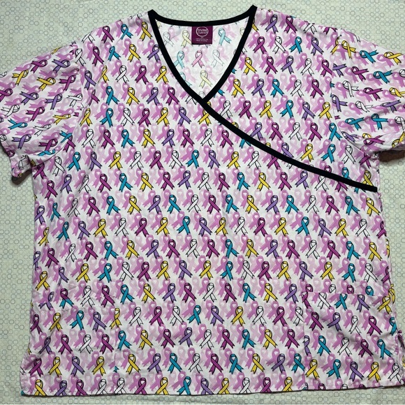 Divine Curves Tops - Divine Curves Colorful Ribbon Print Women's Short Sleeve Scrub Top